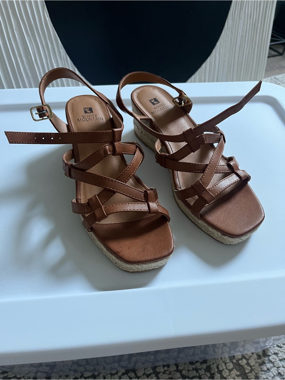 White Mountain Cognac Strappy Espadrille Wedge Sandals